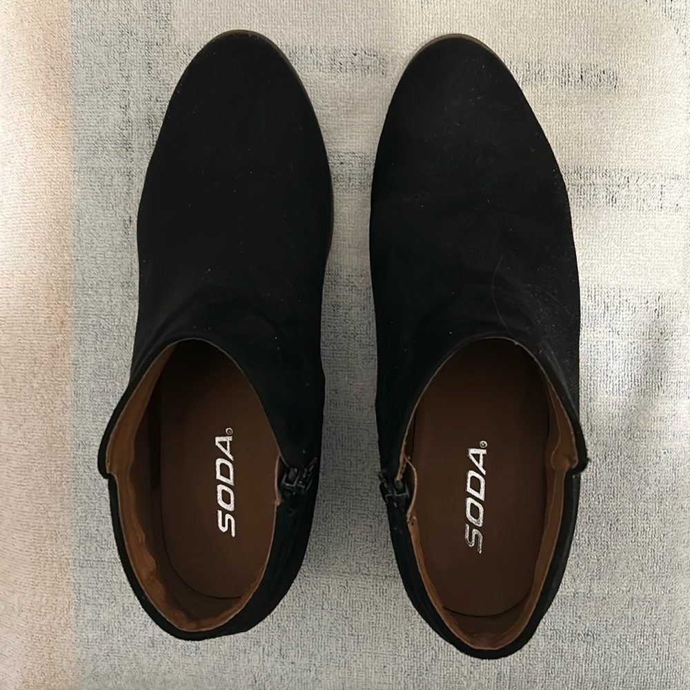 Size 8.5 black suede ankle boots with small heel.